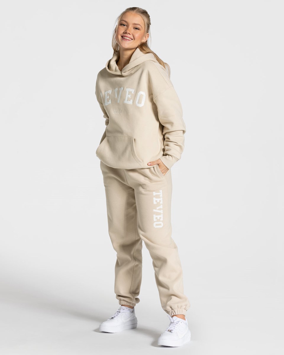 TEVEO College Oversized Hoodie Beżowe | 76582HFXD