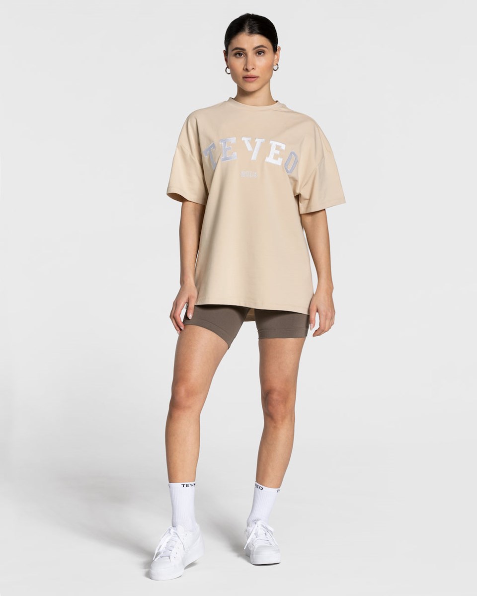 TEVEO College Oversized T-Shirt Beżowe | 57628OQTS