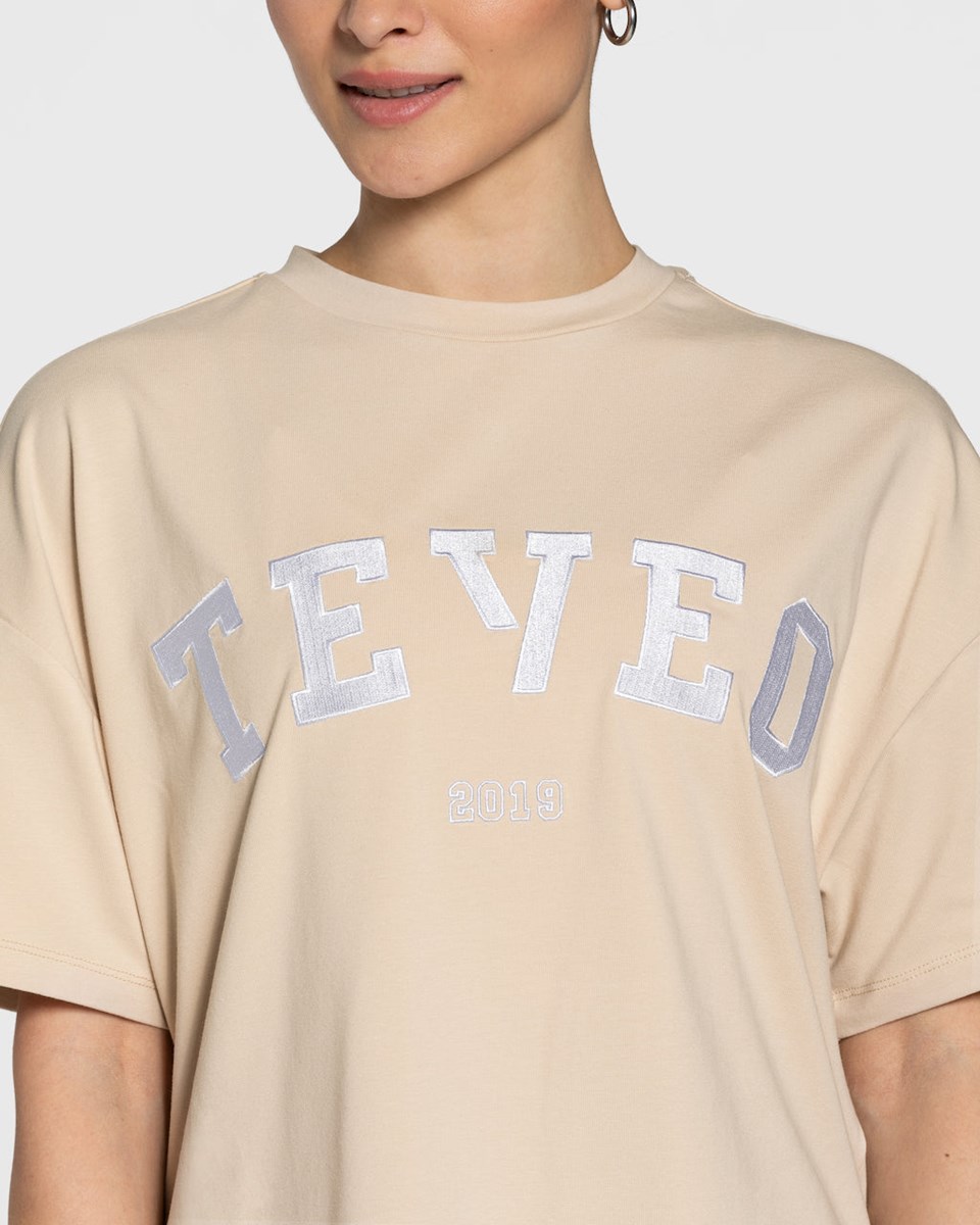 TEVEO College Oversized T-Shirt Beżowe | 57628OQTS