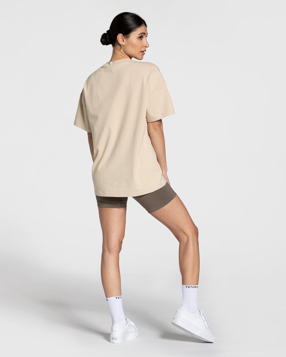 TEVEO College Oversized T-Shirt Beżowe | 57628OQTS