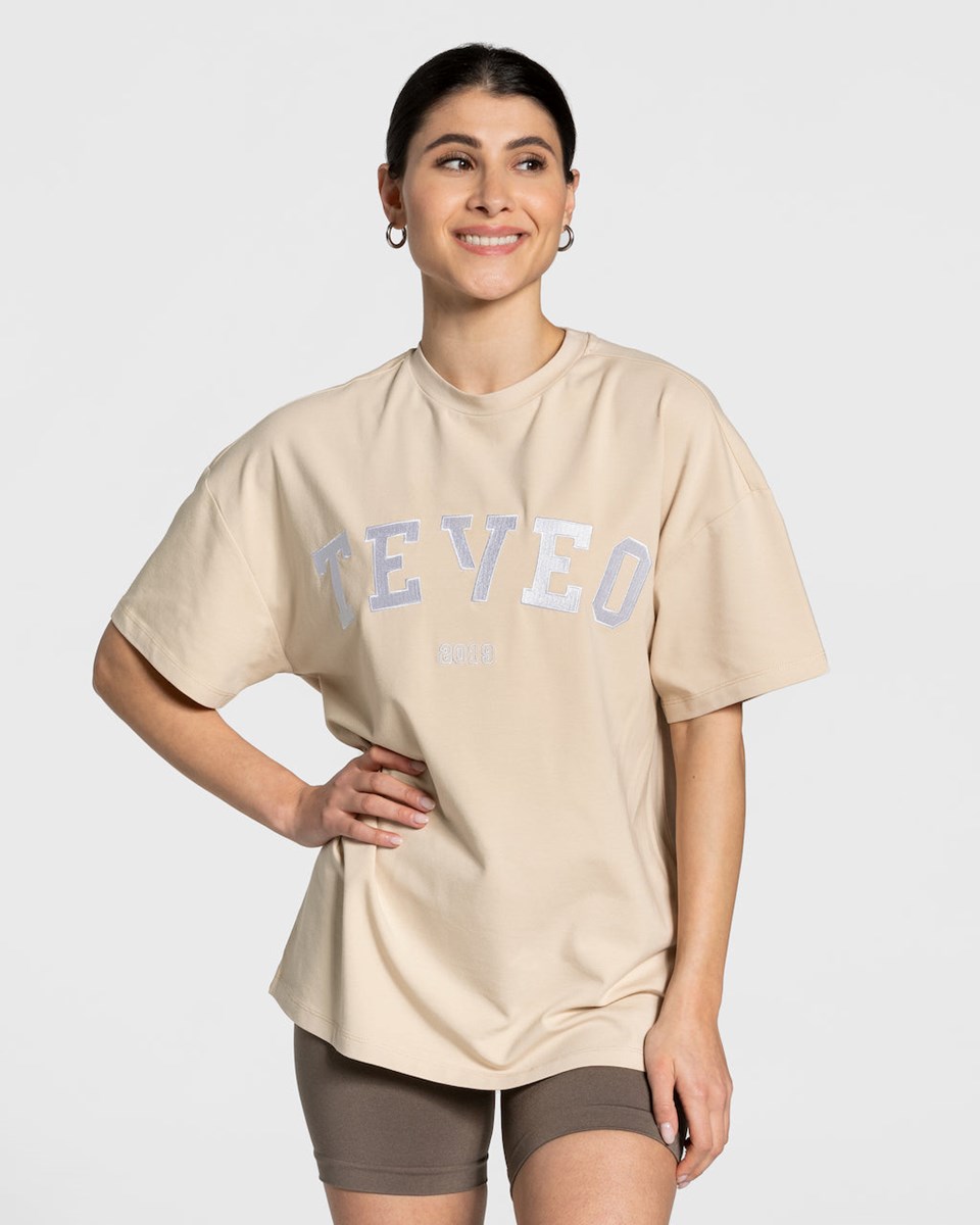 TEVEO College Oversized T-Shirt Beżowe | 57628OQTS