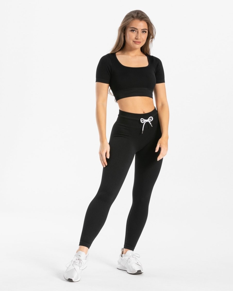 TEVEO Żebrowany Crop Top Czarne | 72609TIQF