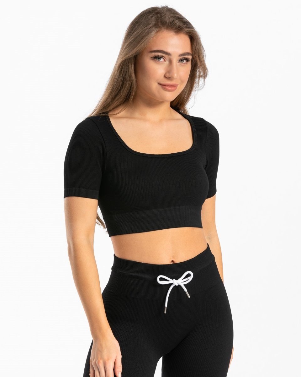 TEVEO Żebrowany Crop Top Czarne | 72609TIQF