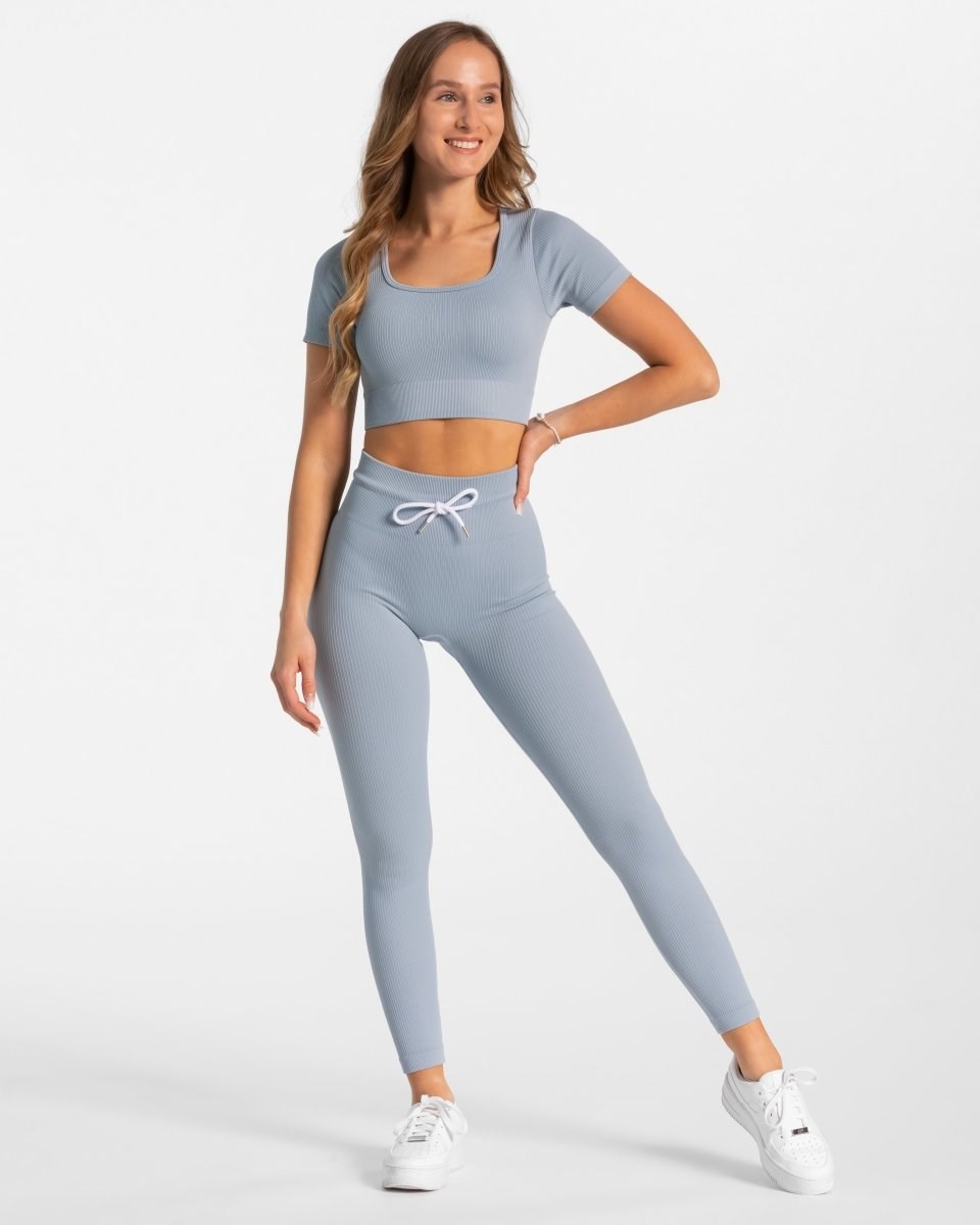 TEVEO Żebrowany Crop Top Niebieskie | 65172UYLH