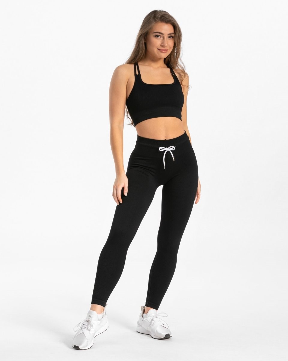 TEVEO Żebrowany Leggings Czarne | 67183HUKP