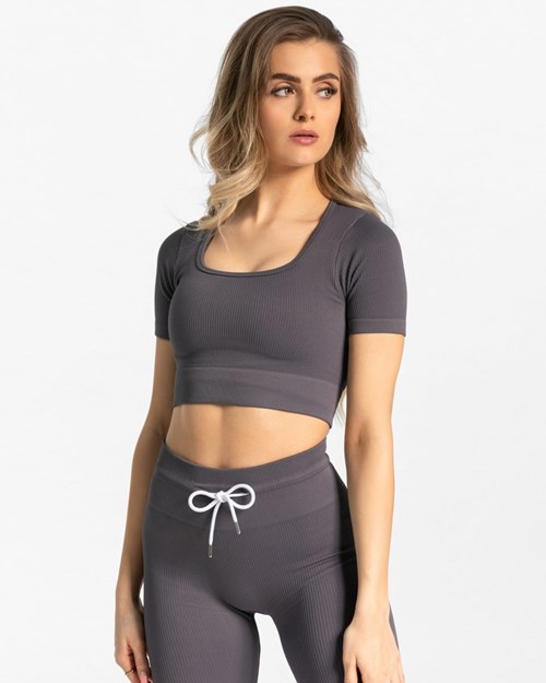 TEVEO Żebrowany Crop Top Gray | 64983JLNF