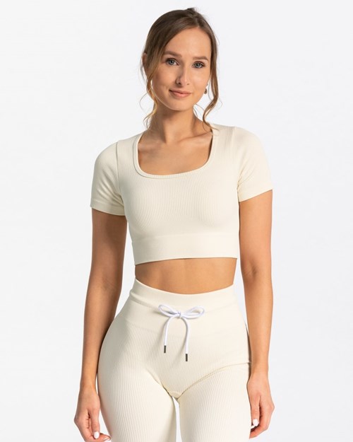 TEVEO Żebrowany Crop Top Ivory | 18395ONAD