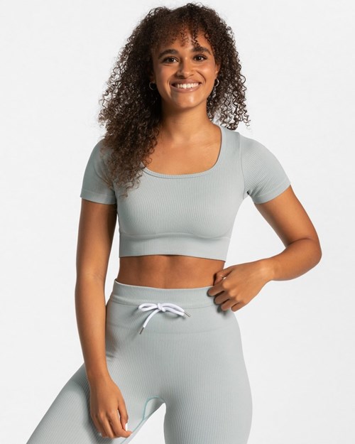 TEVEO Żebrowany Crop Top Niebieskie | 08397DHEO