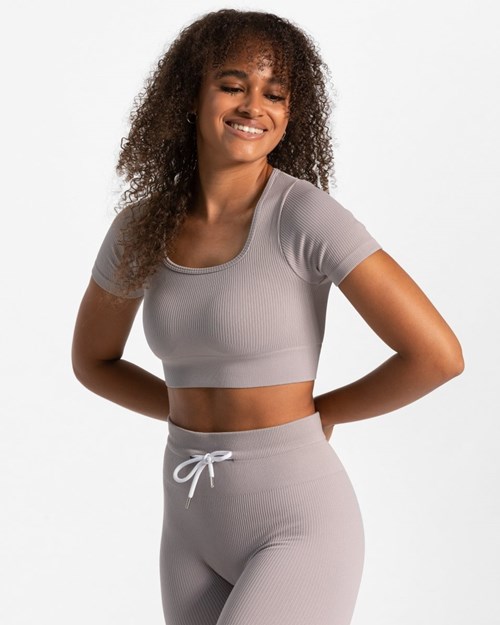 TEVEO Żebrowany Crop Top Stone | 70823NEOH