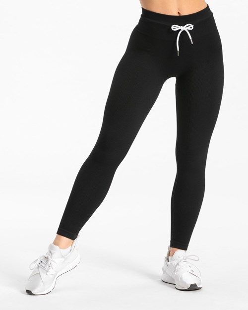 TEVEO Żebrowany Leggings Czarne | 67183HUKP